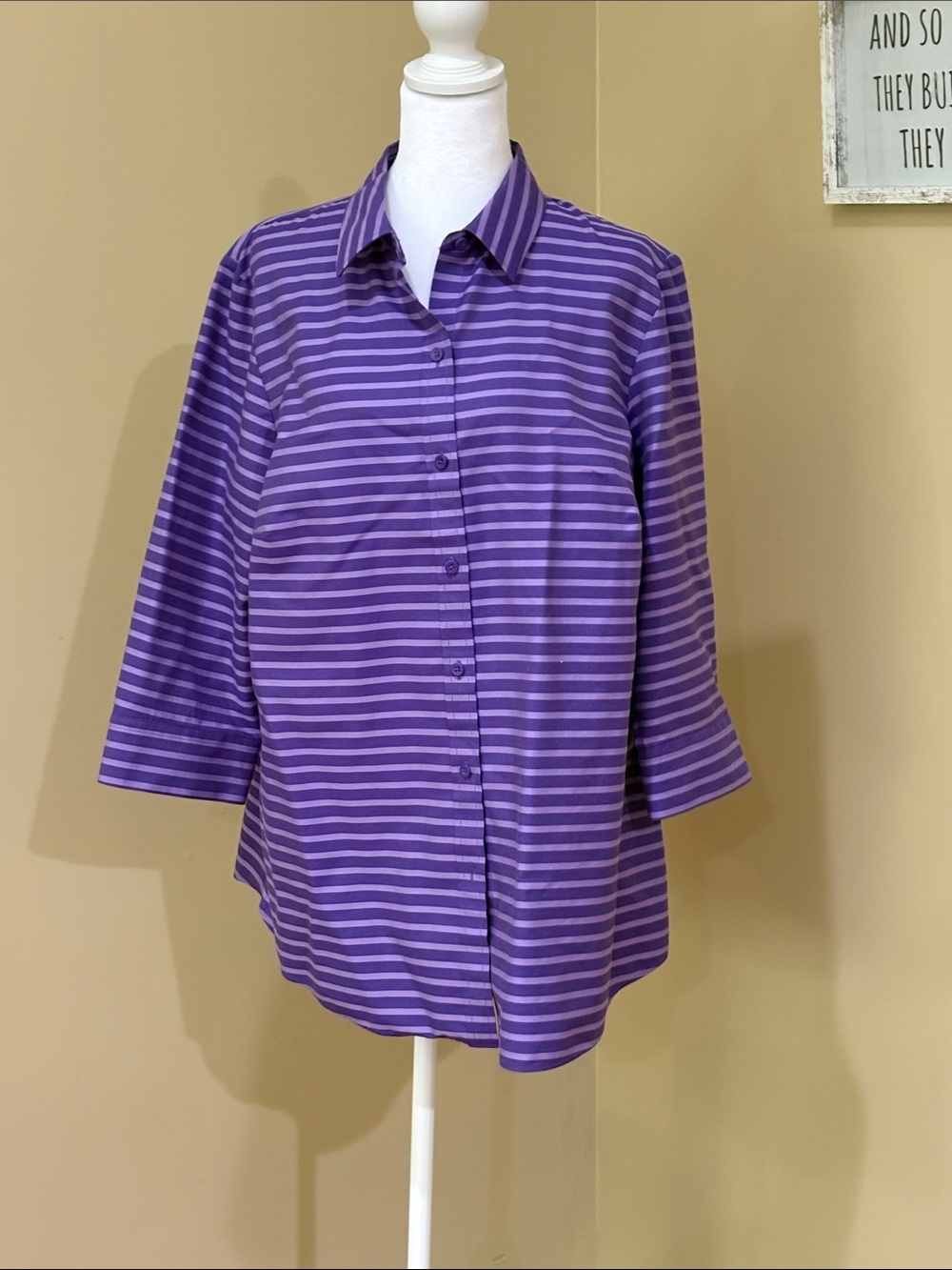 Coldwater Creek Purple Striped no iron Button-Front Women's Top